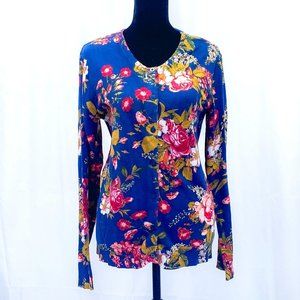 Women's Laura Scott Cute Cardigan Navy Blue Floral Style Button Down Sweater